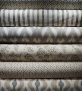 Vista de telas de la coleccion Lino Esmerilado con variedad de estampados y tonalidades suaves.